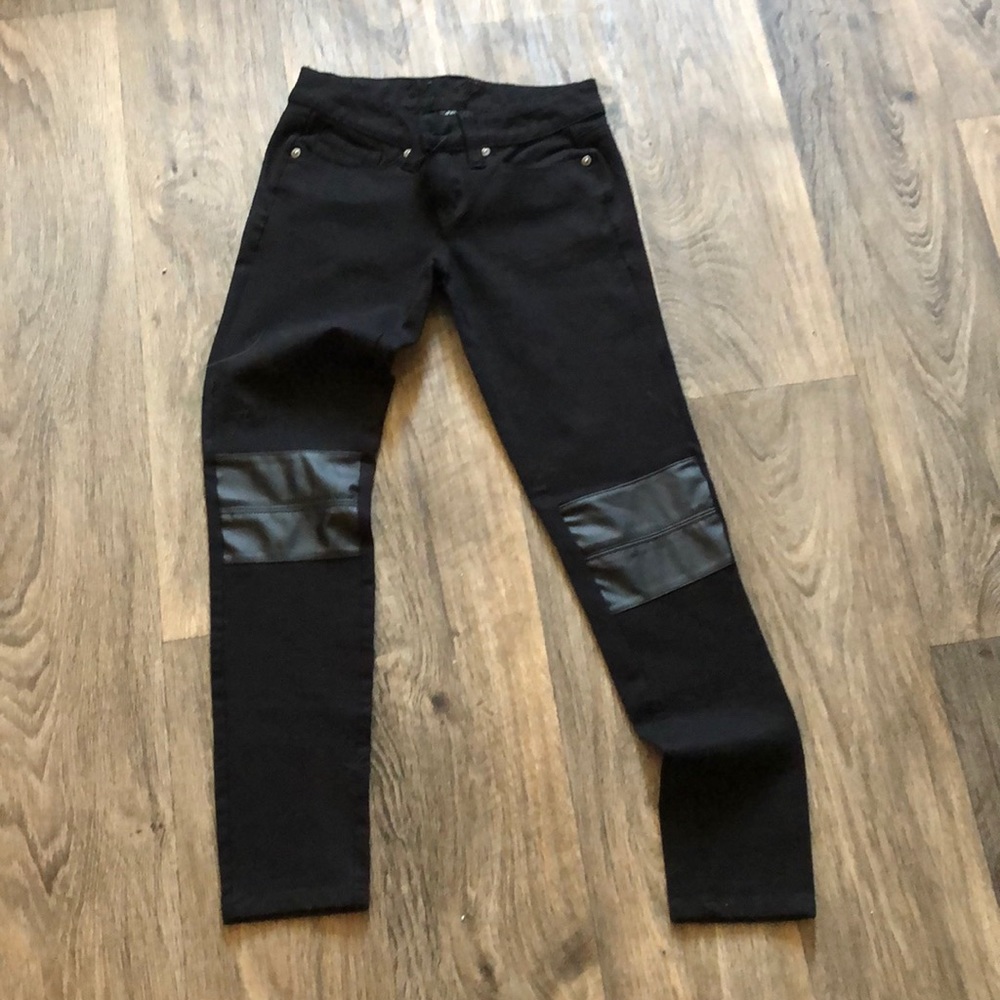 Black moto stretch pants, leather detail, Sz. 1/25
